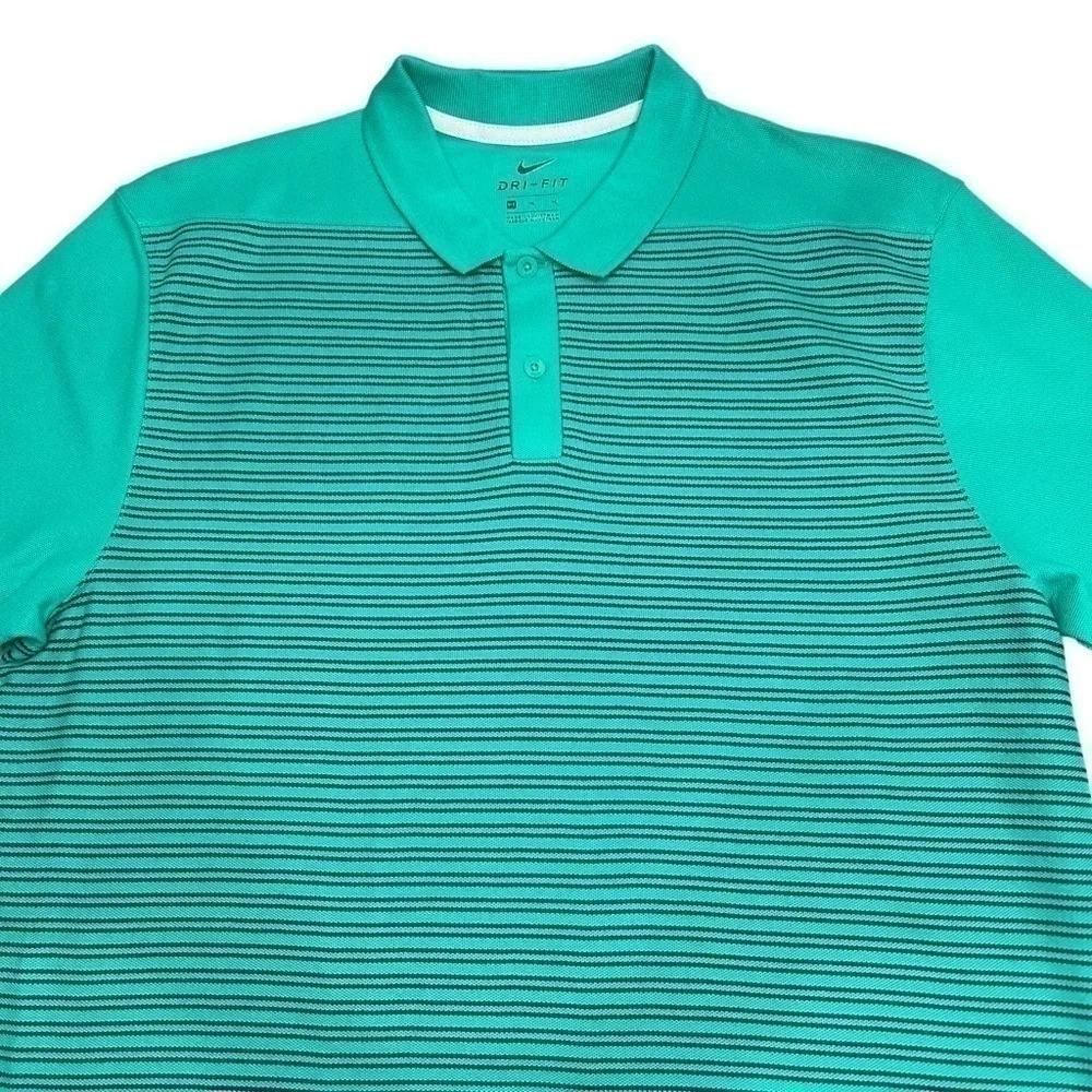 Nike Mens Dri-fit Polo Golf Shirt Green Black Stripped Short Sleeve Size MTall